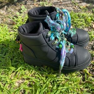 Black Lace-Up Ankle Boots with Colorful Beaded Laces